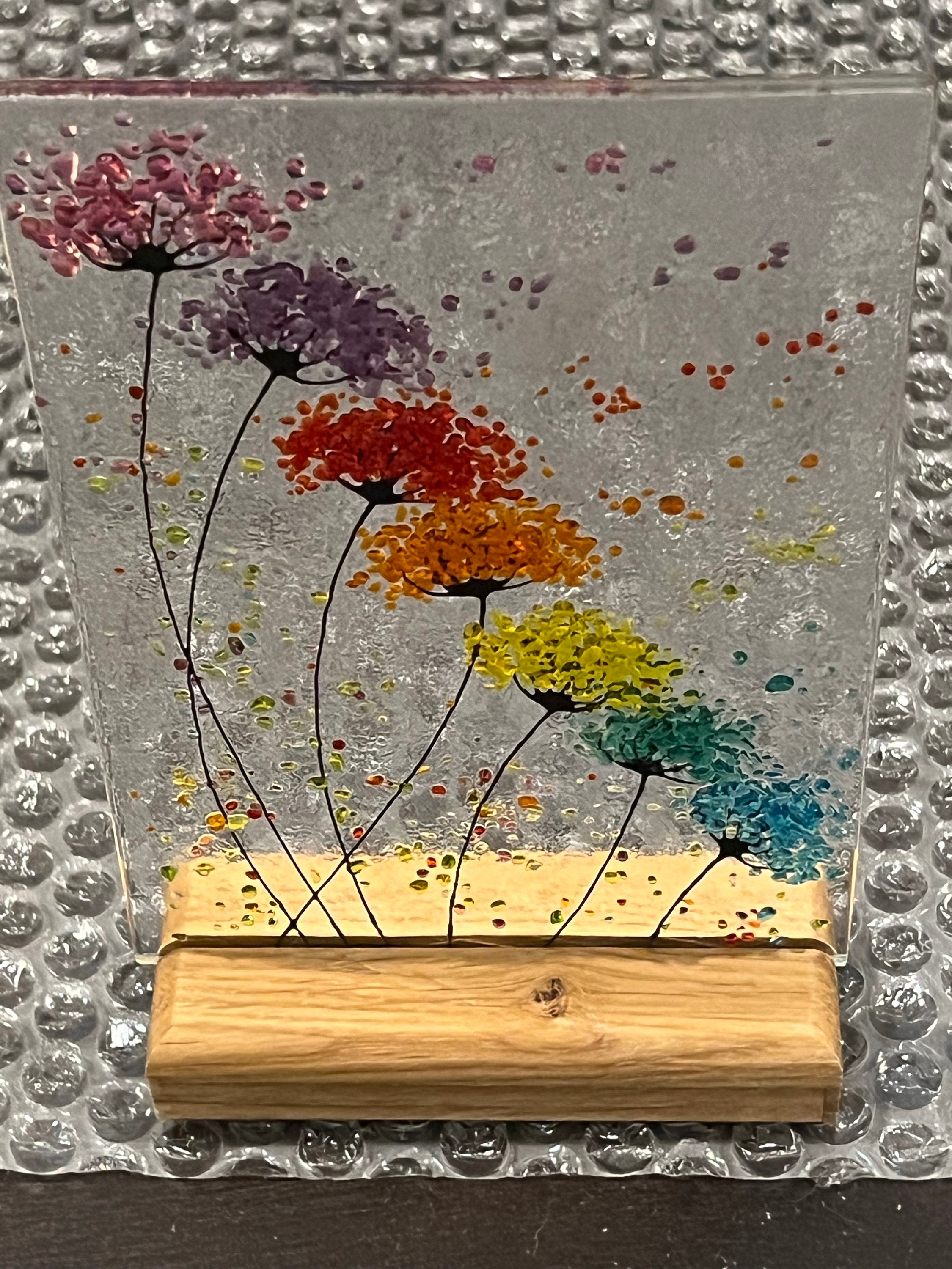 Whimsical Bright Rainbow Flowers fused glass Art Picture Sun Catcher & Wooden Display Stand
