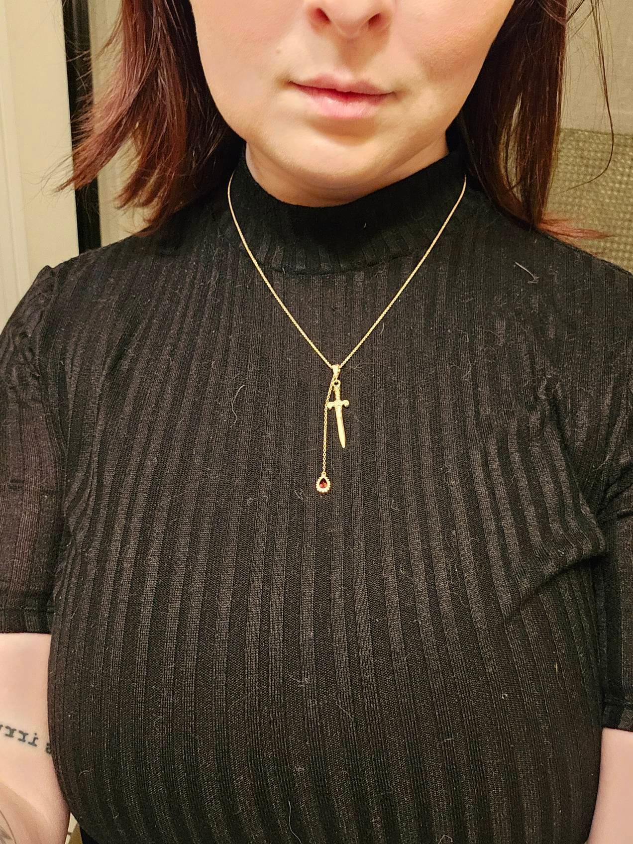 Sword and Blood Drop Necklace / Gold or Silver, Black Deep Red Teardrop Necklace