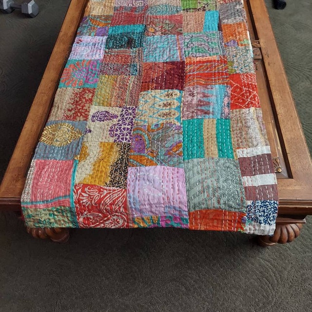 Vintage Patchwork Kantha Trapunta Handmade Arte Letto Coperta Regina Misura Telo