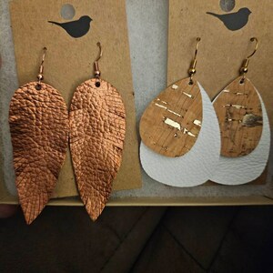 Turquoise Leather and Cork Leaf Earrings, Lightweight Genuine Leather ...