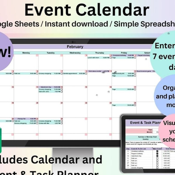 Editable Monthly Calendar Google Sheets Excel Spreadsheet Undated Task ...