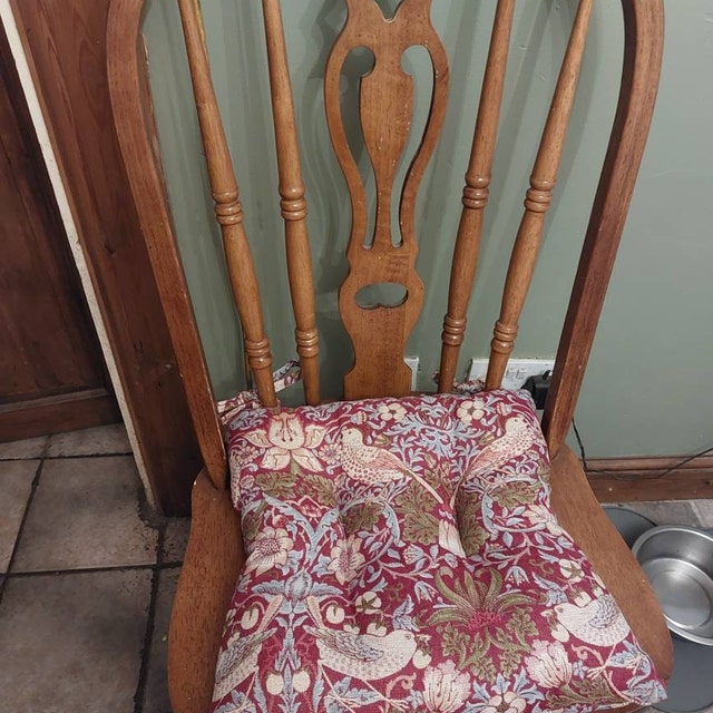 William Morris Strawberry Thief Tapestry Quilted Seat Pad in Red