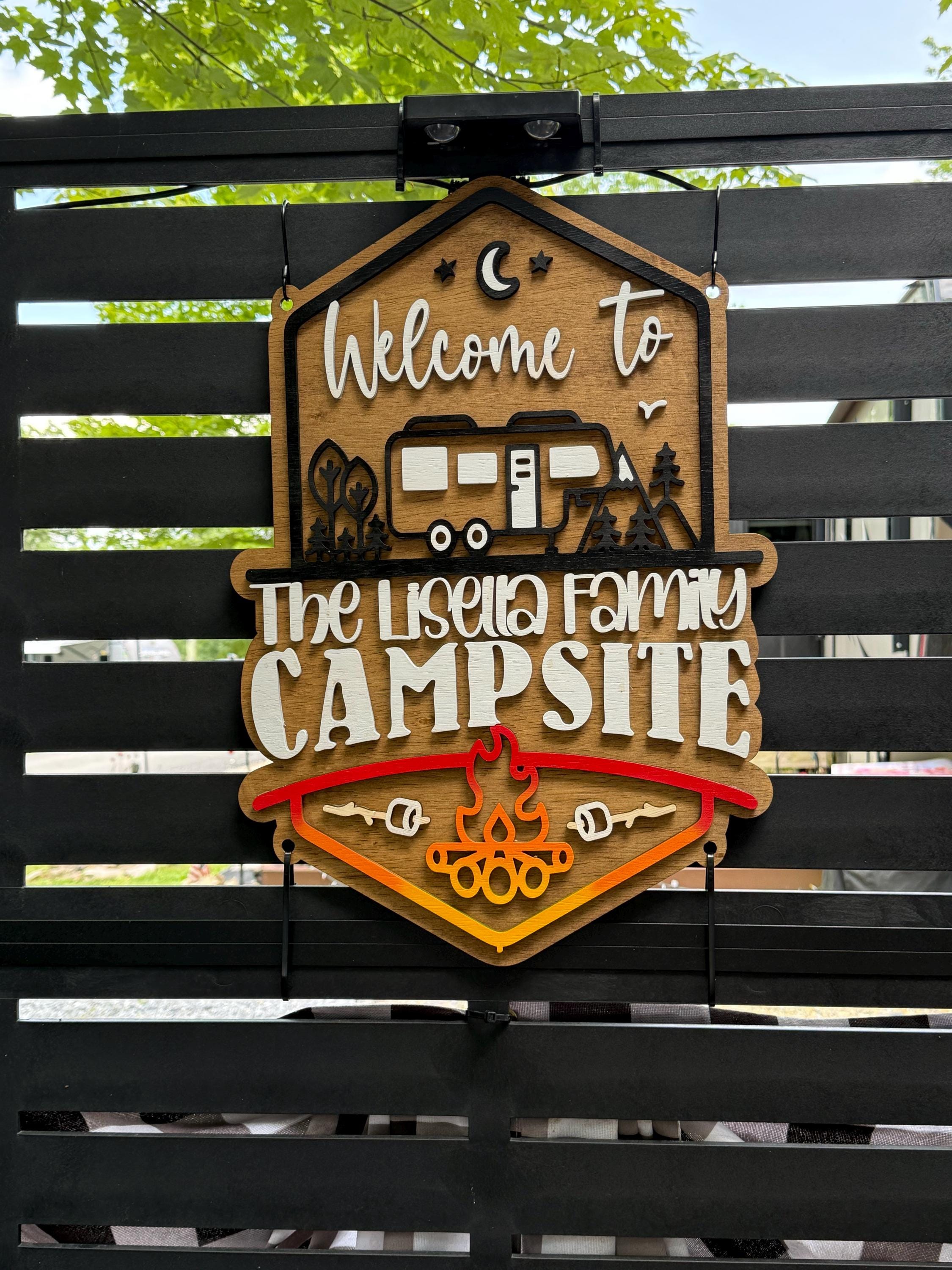 Welcome to our Mountain Campsite Personalized Sign Standard Size Only includes Yard Stake