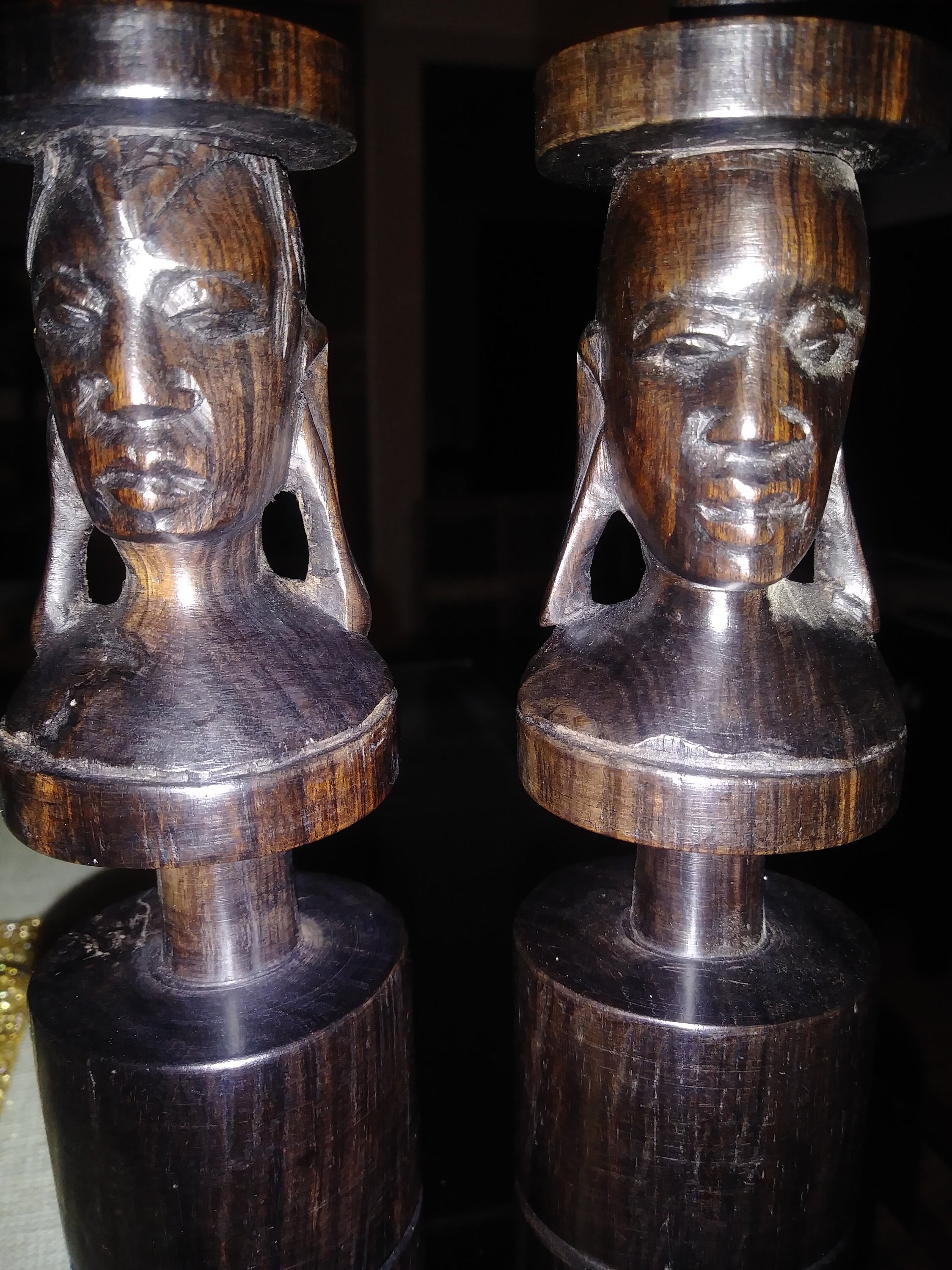 African Candle Holders Pair Ebony Wood Male Female Tanzania
