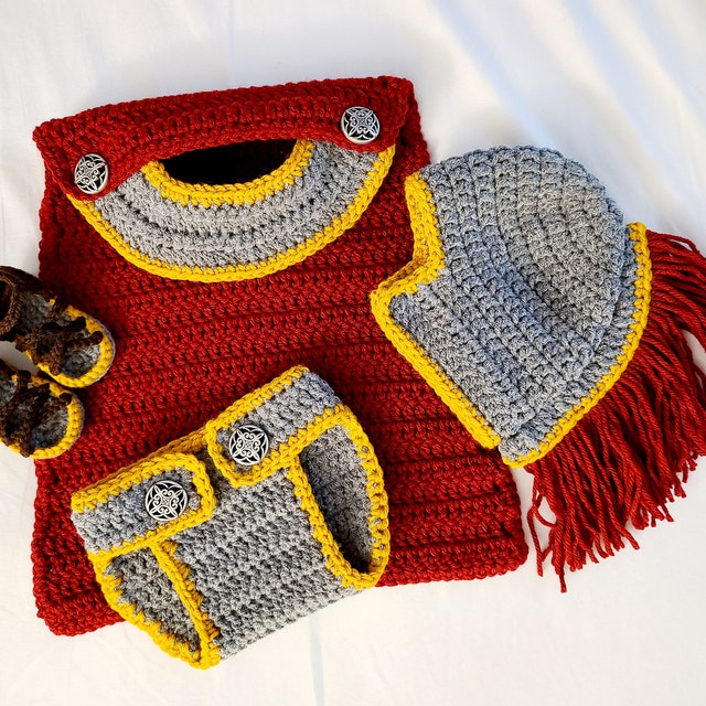 A customer's finished Baby Gladiator Outfit Crochet Pattern
