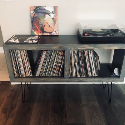 Mid Century Modern Record Player Stand & Vinyl Storage Cabinet With ...