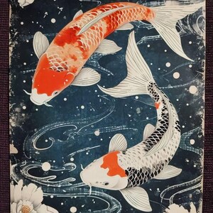日本の鯉の壁掛けアートプリント｜日本の木版画、魚、穏やかな禅の日本