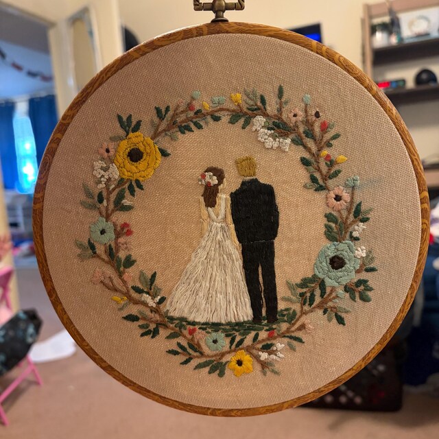 ウェディングハンド刺繍パターン、新郎新婦の刺繍デザイン、新婚夫婦の