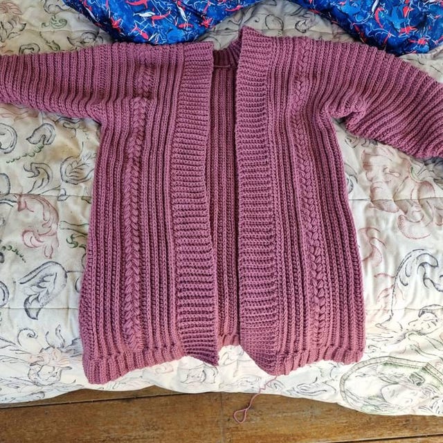 A customer's finished Crochet Cardigan, Mittens and Ear Warmer Pattern Bundle