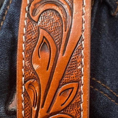 Full Grain Leather Snap-on Belt, Tooled Western Floral Engraved Leather ...