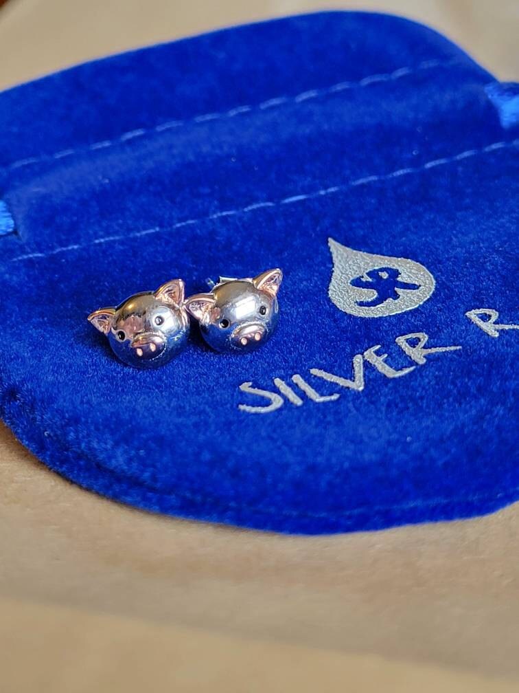 Cute Little Pig Stud Earrings in Sterling Silver - Silver and Rose Gold - Farm Animal Earrings - Whimsical and Pretty Jewellery
