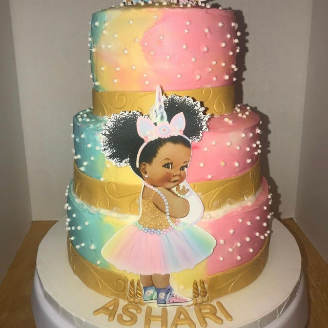 Afro Unicorn Pastel Stars, Diamonds and Glitter Edible Cake Topper Image  ABPID56427