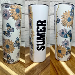 Boho Flowers 70s Add Your Own Text Name Monogram Sublimation Tumbler ...
