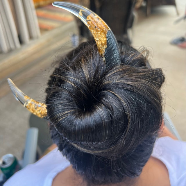 Crescent Hair Stick With Black Oak & Gold Foil – Bun Holder, Boho