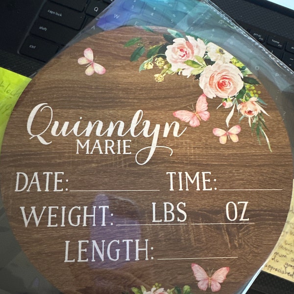 Butterfly Birth Stats Round Wood Baby Name Sign Wooden Personalized ...
