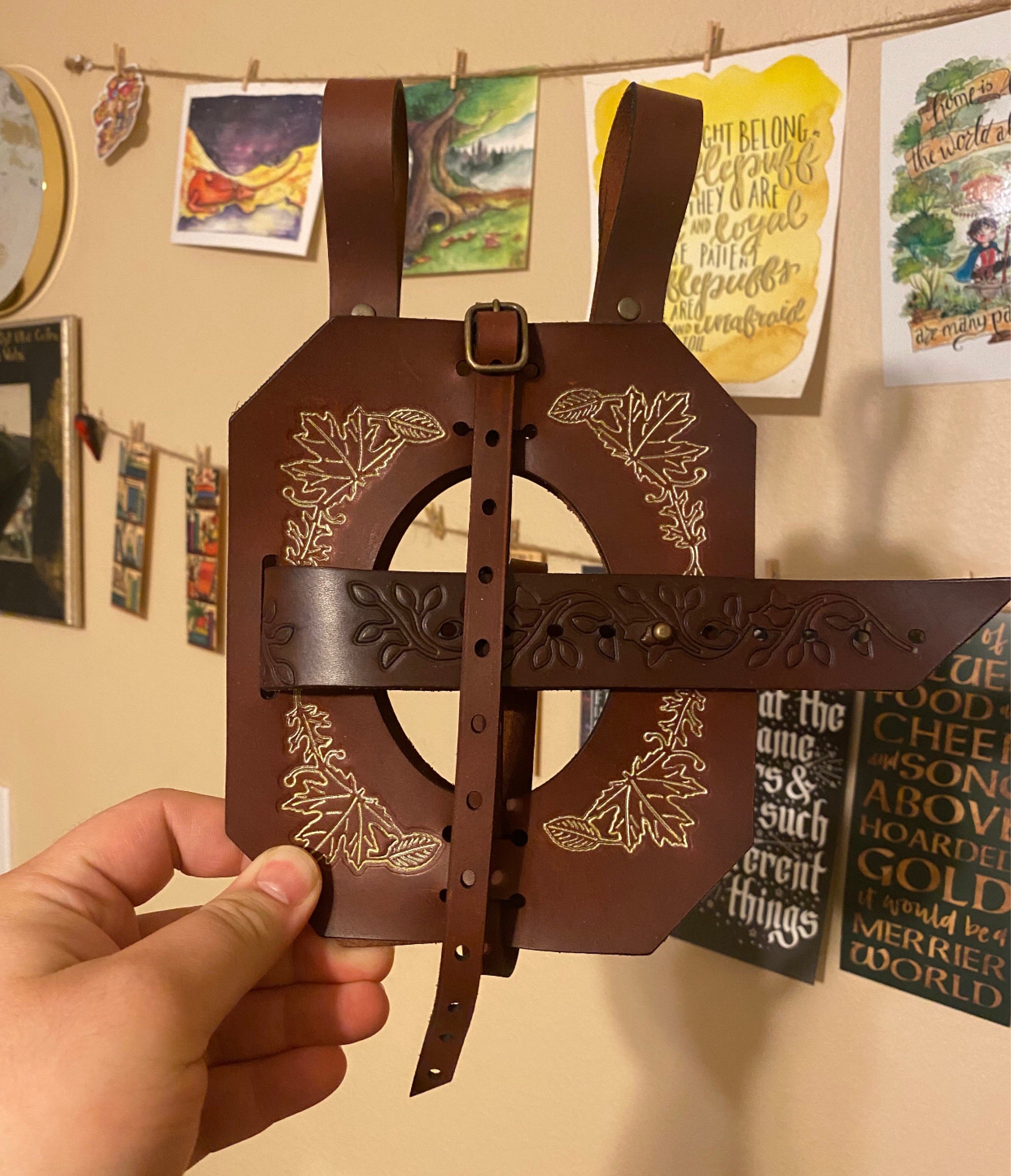 Book Holder - larp leather book bag -  book lover gift - waist book Holster - Book of shadows - spell book - witchcraft gold brown
