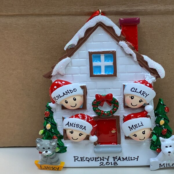 Personalized Family of 4 Home Ornament With 2 Dogs or Cats Added -4 ...