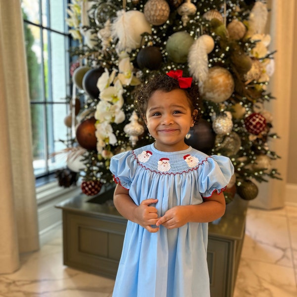 Petit Bebe Girls Blue Check Bishop Dress - Smocked Santa Faces main image 1