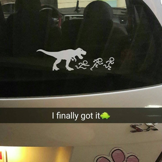 T-Rex Chasing Stick Figure Family Car Decal - 8 Inch Vinyl Sticker For Windows & Vehicles