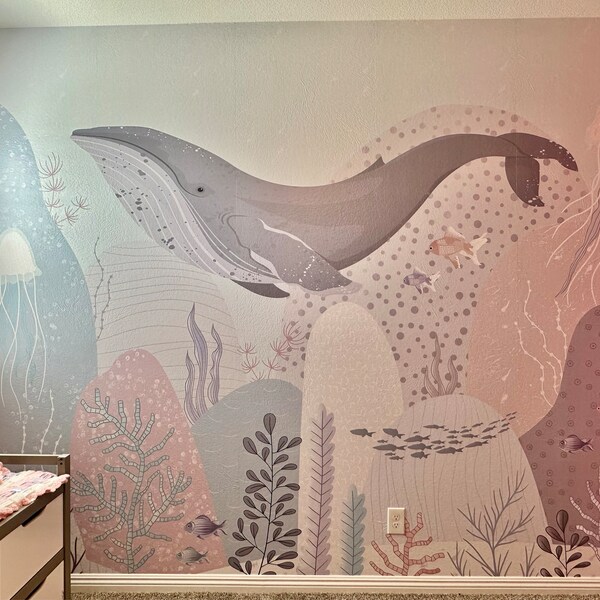 Blue Whale Wallpaper Ocean Motif Nursery Decor Removable Flying Whale ...