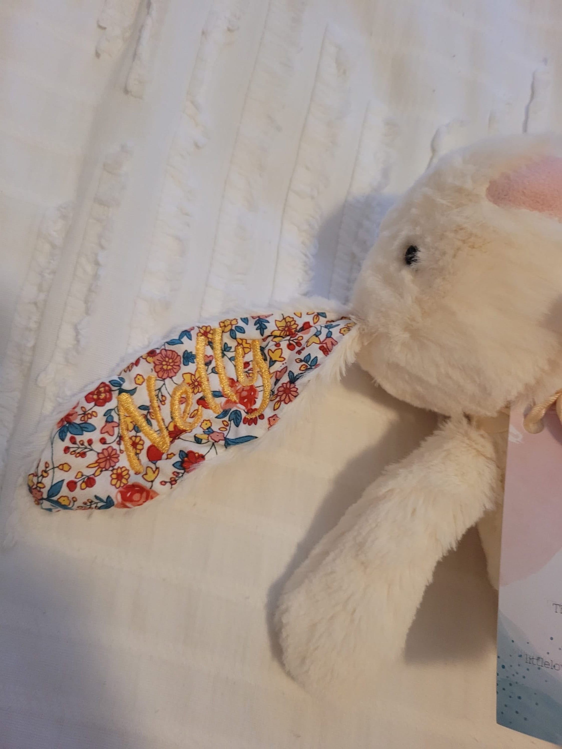 Personalised Plush Bunny Rabbits for children and babies. Floppy ear Rabbit for Easter or Birth. Customise text and colours. Embroidered ear