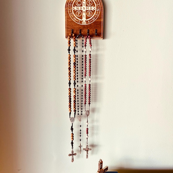 St. Benedict Rosary Holder Wall Mount - Wood With Gold Medals, 4 Hooks For Prayer Beads