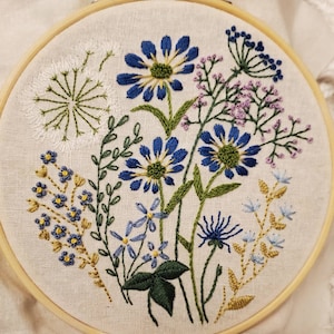 Blue Floral Hand Embroidery Kit: Beginner DIY Craft, Wall Decor