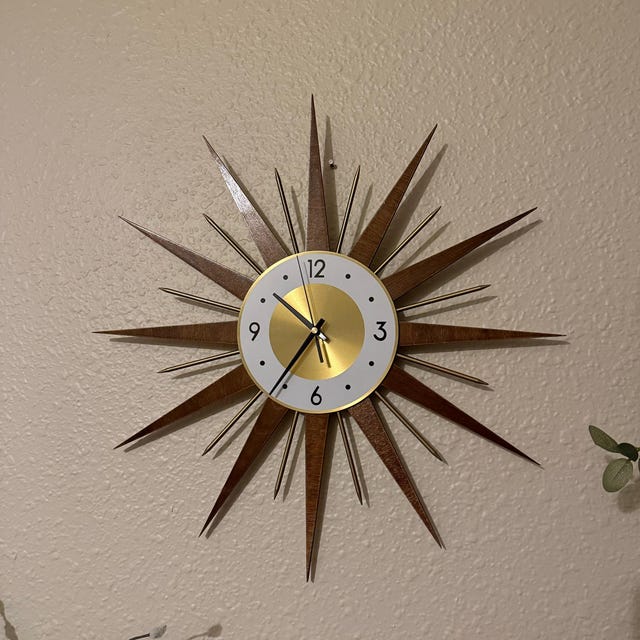 Mid Century Modern Starburst Wall Clock, Dark Brown Wood and Gold