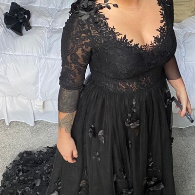 Black floral gothic wedding dress, black flower tulle lace dress, alternative bridal gown prom dress long formal gowns    cg19132 main image 1
