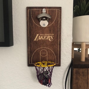 Lakers man cave beer opener Los Angeles Lakers cap catcher,fathers day gift,basketball,basketball gift Wall mounted bottle opener