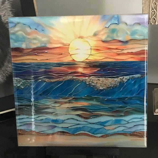 Ocean Waves Wall Art Ceramic Tile Sunset Coastal Gift Beach House Decor ...
