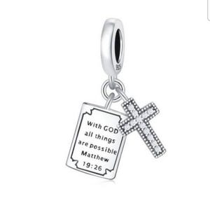 Cross and Bible Charm Silver 925 Charm for Bracelet, Fit for