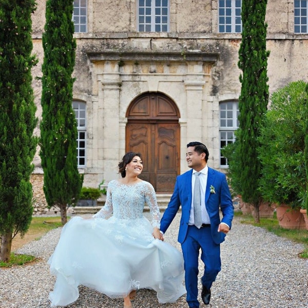 Applique Plunging V Neck Mermaid Lace Wedding Dress with Long Sleeves main image 1