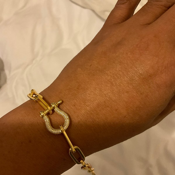 Gold Paperclip Chain Bracelet CZ Diamond Shackle | Chunky Chain Bracelet | Gold Link Chain ...