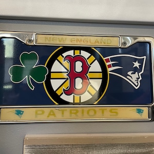 Boston Sport Teams Combined Logo Novelty Front License Plate Decorative  Vanity Aluminum Grey car tag
