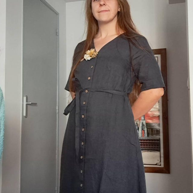 Retro Buttoned Linen Dress AMELIE, Vintage French Style Midi Dress