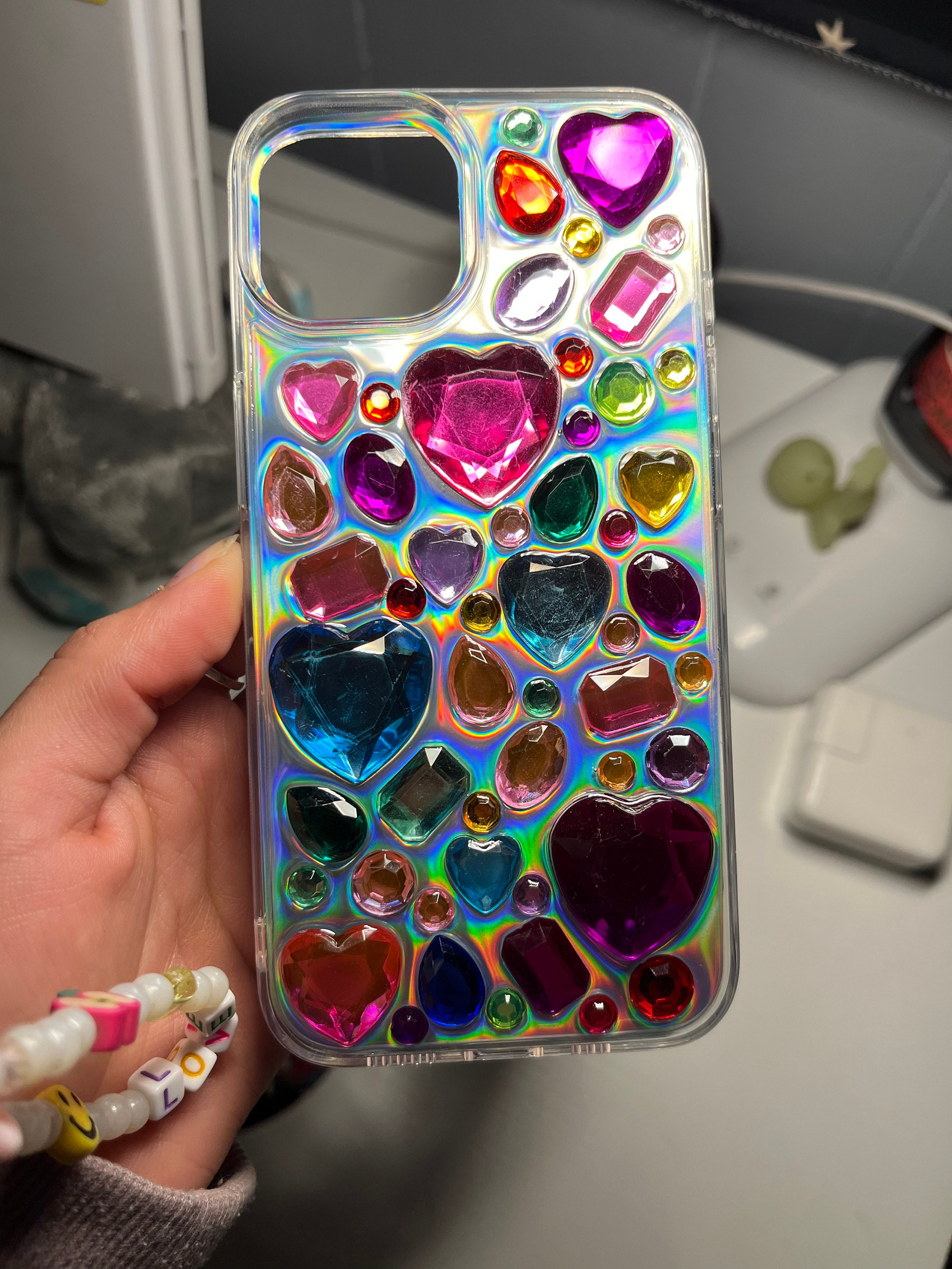 Bling Rhinestone 3D Phone Case, Holographic Insert Phone Case, Glitter iPhone Case, Hearts Phone Case for iPhone 12/13/14/15 Pro Max, Galaxy