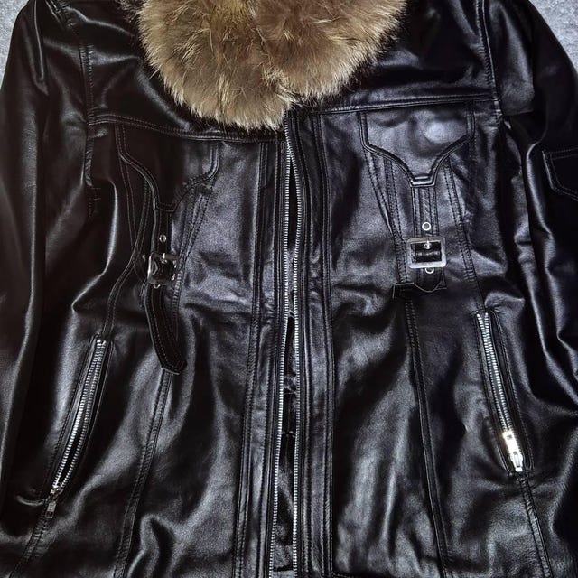 Japanese Archive Fashion Leather Jacket With Fur Collar - Visual