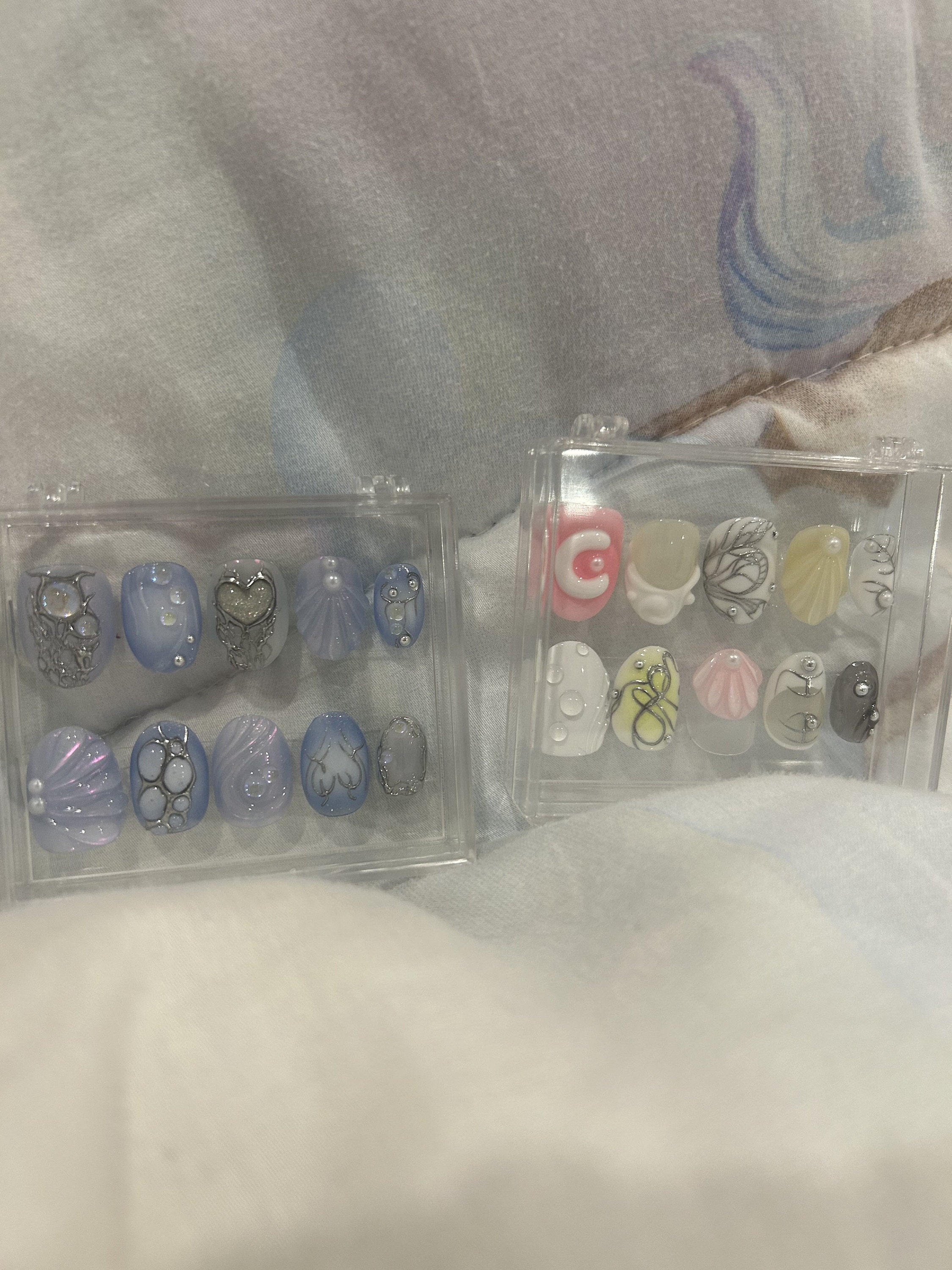Free Style Blue Mermaid Almond Press On Nails, Handpainted Fake/False Nails, Prom/Event/Birthday Nails, Goth/Gothic/Y2K/Aura Nai