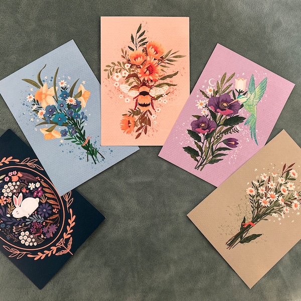 A Set of Floral Post Cards - Post Card Size - Art Print - Botanical ...