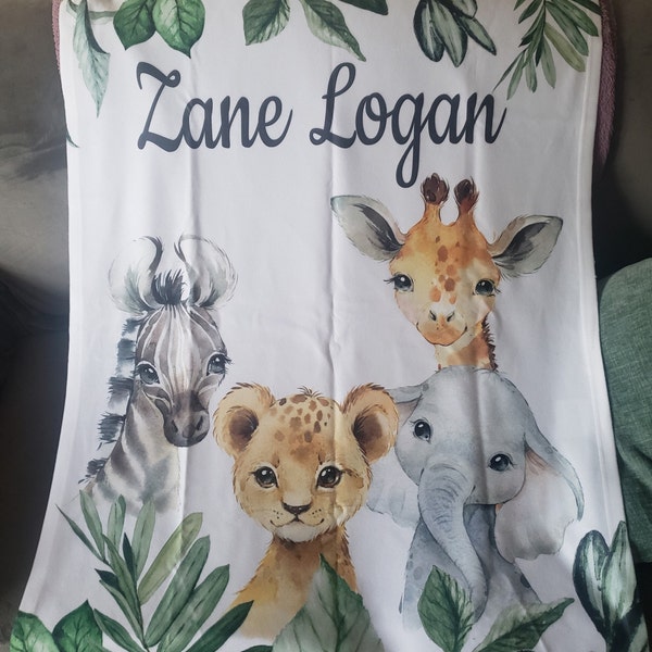 Safari Animals Baby Boy Name Blanket, Jungle Greenery Leaves Forest ...