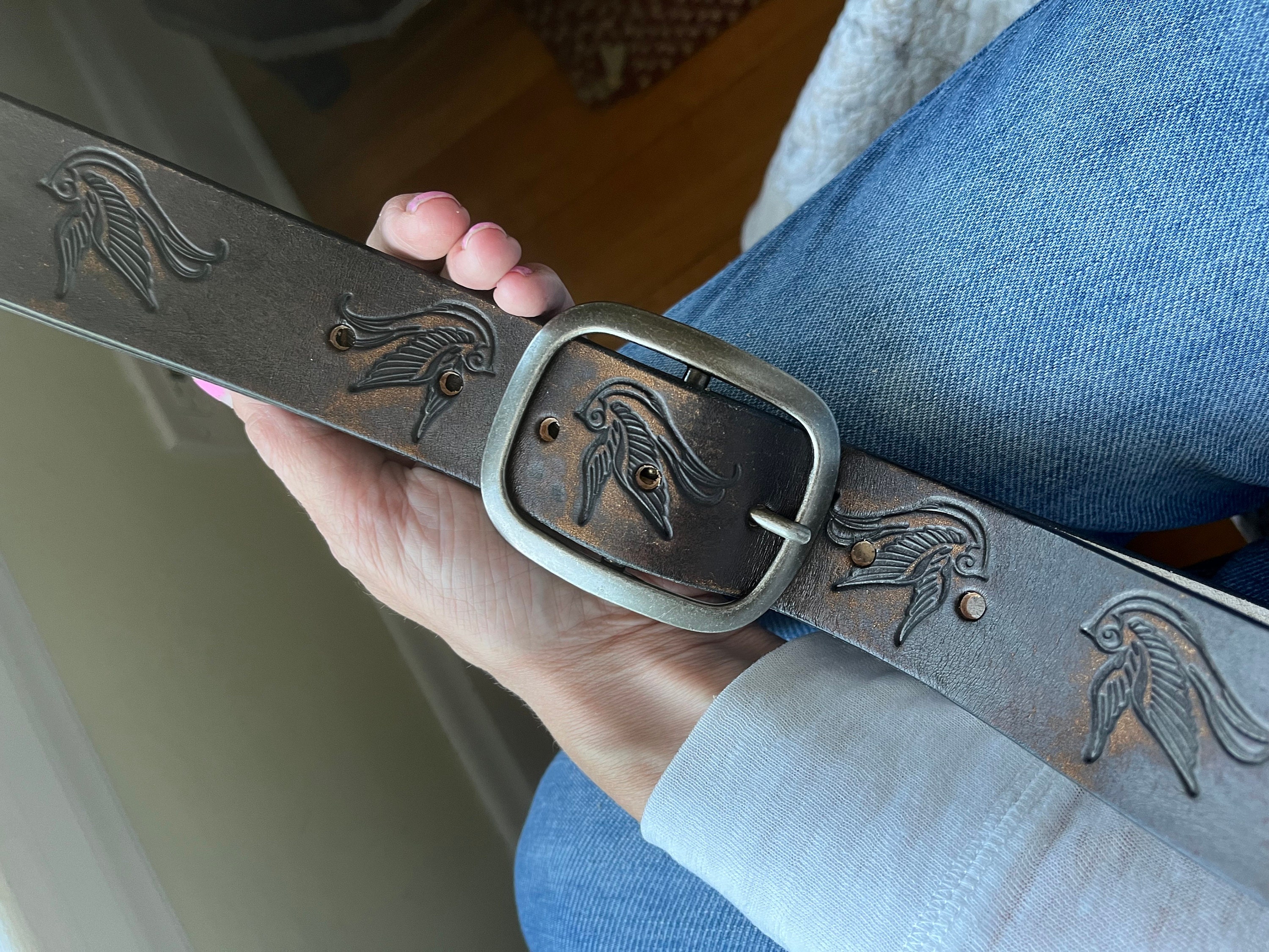 Leather Belt Sparrow Vintage Aged Leather belt - embossed sparrow snap belt  Handmade in USA Groomsmen Wedding Swallow Bird Tattoo Flash Art