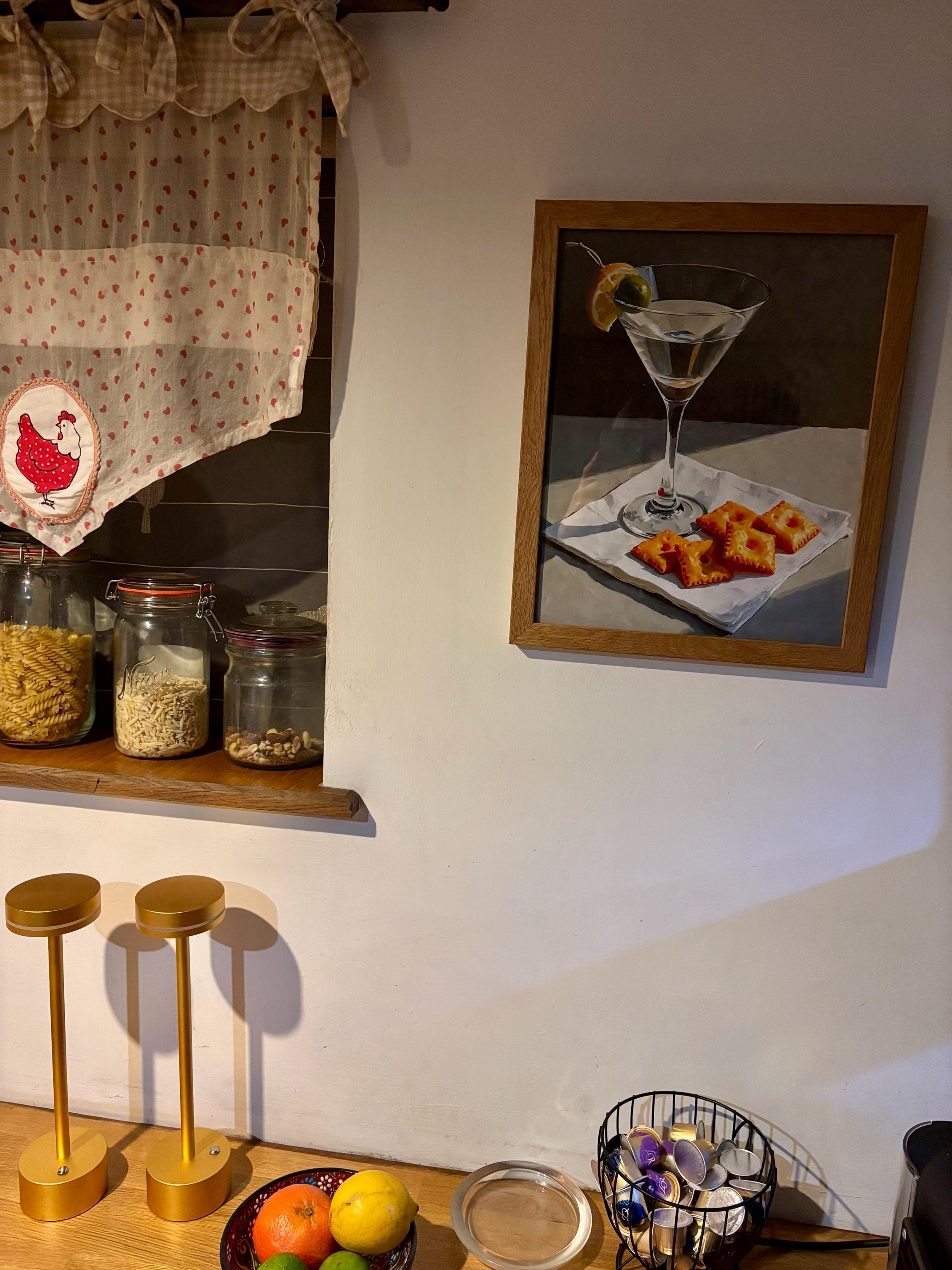 Martini and Cheese Crackers Print | Cute Quirky Whimsical | Cocktail Art Bar Cart Decor | Elegant Oil Painting Gift | Trendy Kitchen Wall