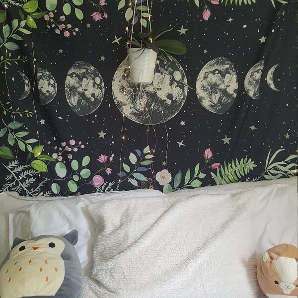 Moonlit Garden Tapestry Moon Phases Wall Hanging Floral Lunar Night Sky ...