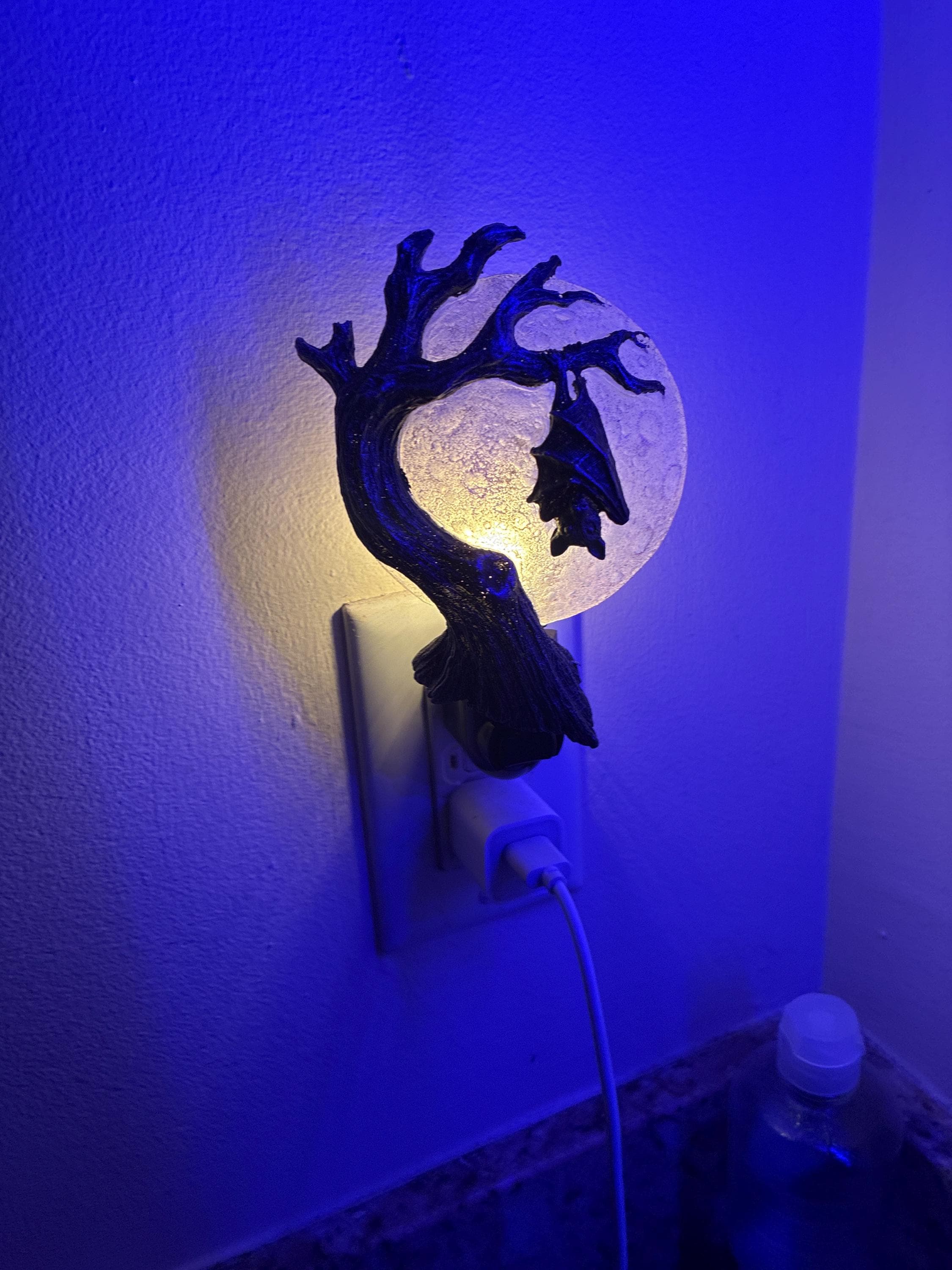 Hanging Bat Nightlight, Hand Painted Resin Sculpture | Victorian Gothic Night Light |  Bat and Moon Lighting for Gothic Fantasy Home Decor