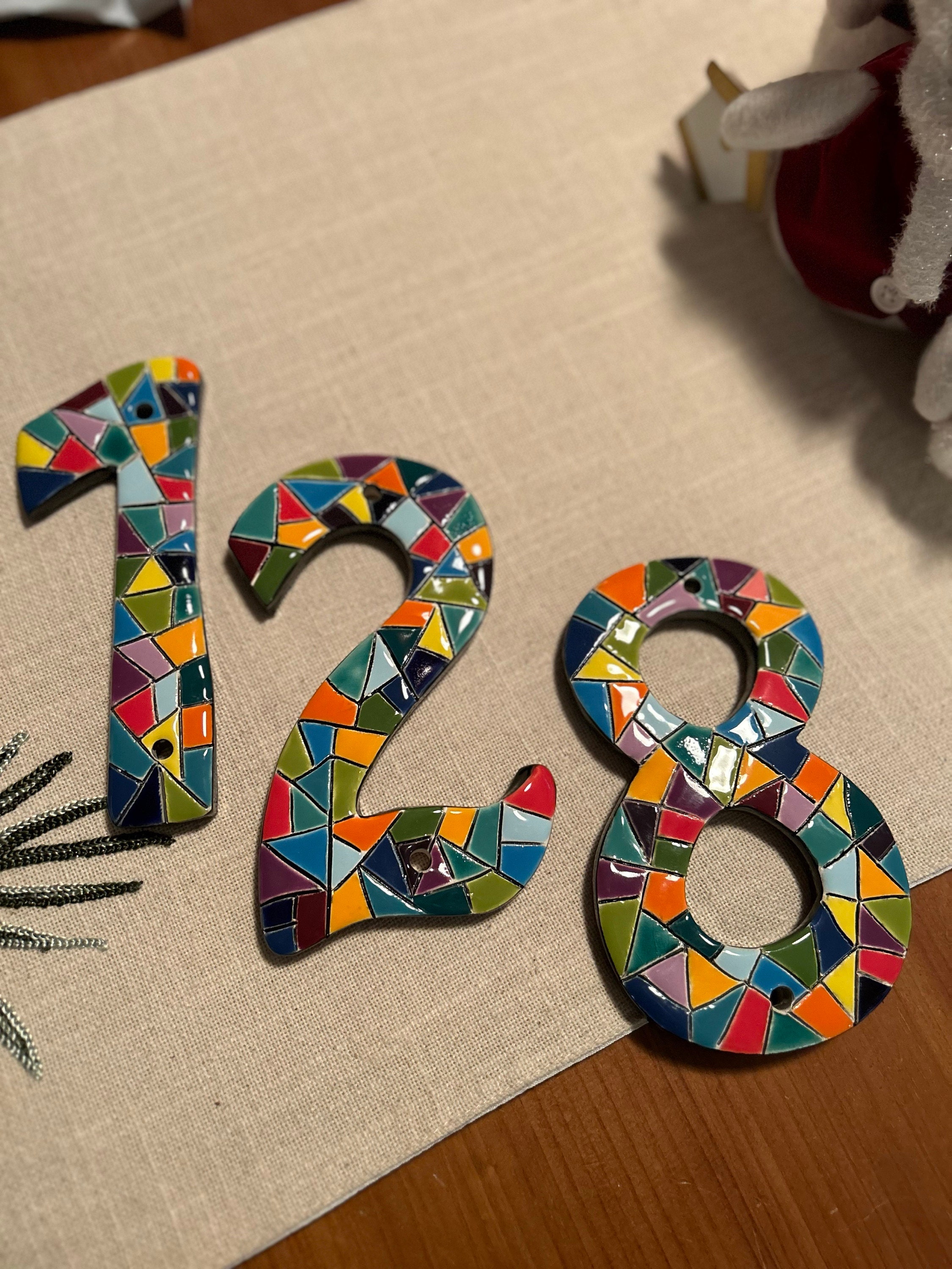 Ceramic numeral with mosaic ornaments, custom numbers wall decor, house numbers, anniversary numbers, ceramic art, tile wall hanging