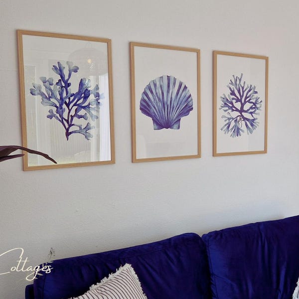 Set of 3 Coral Prints, Minimalist Wall Decor, Navy Blue Home Decor ... - Coral Minimalist Decor