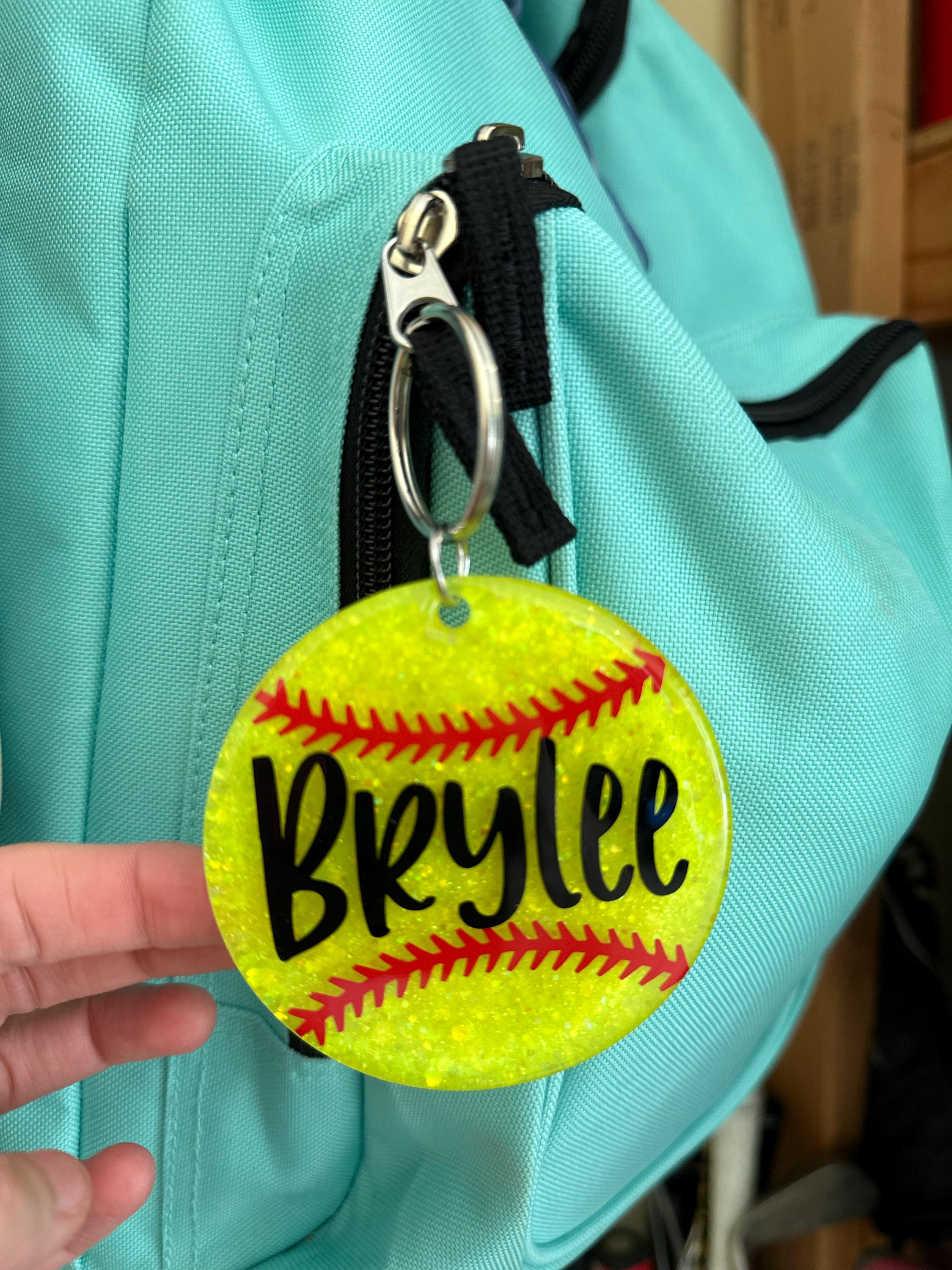 Custom, Glitter Softball Keychain/Bag Tag