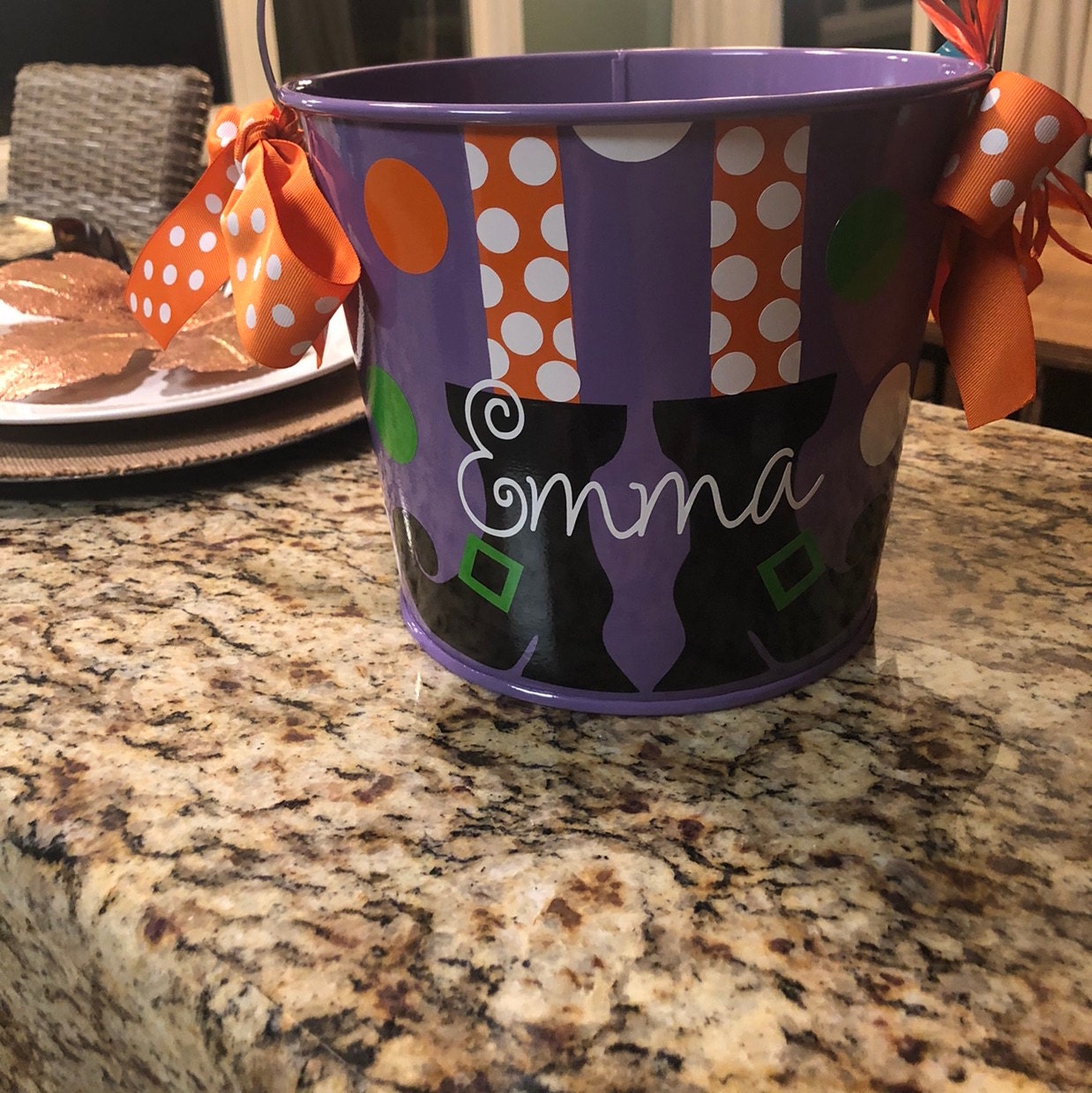 5 QT Halloween Trick or Treat Bucket w/Handles/Personalized/White with Witches Feet /Many Designs to Choose From
