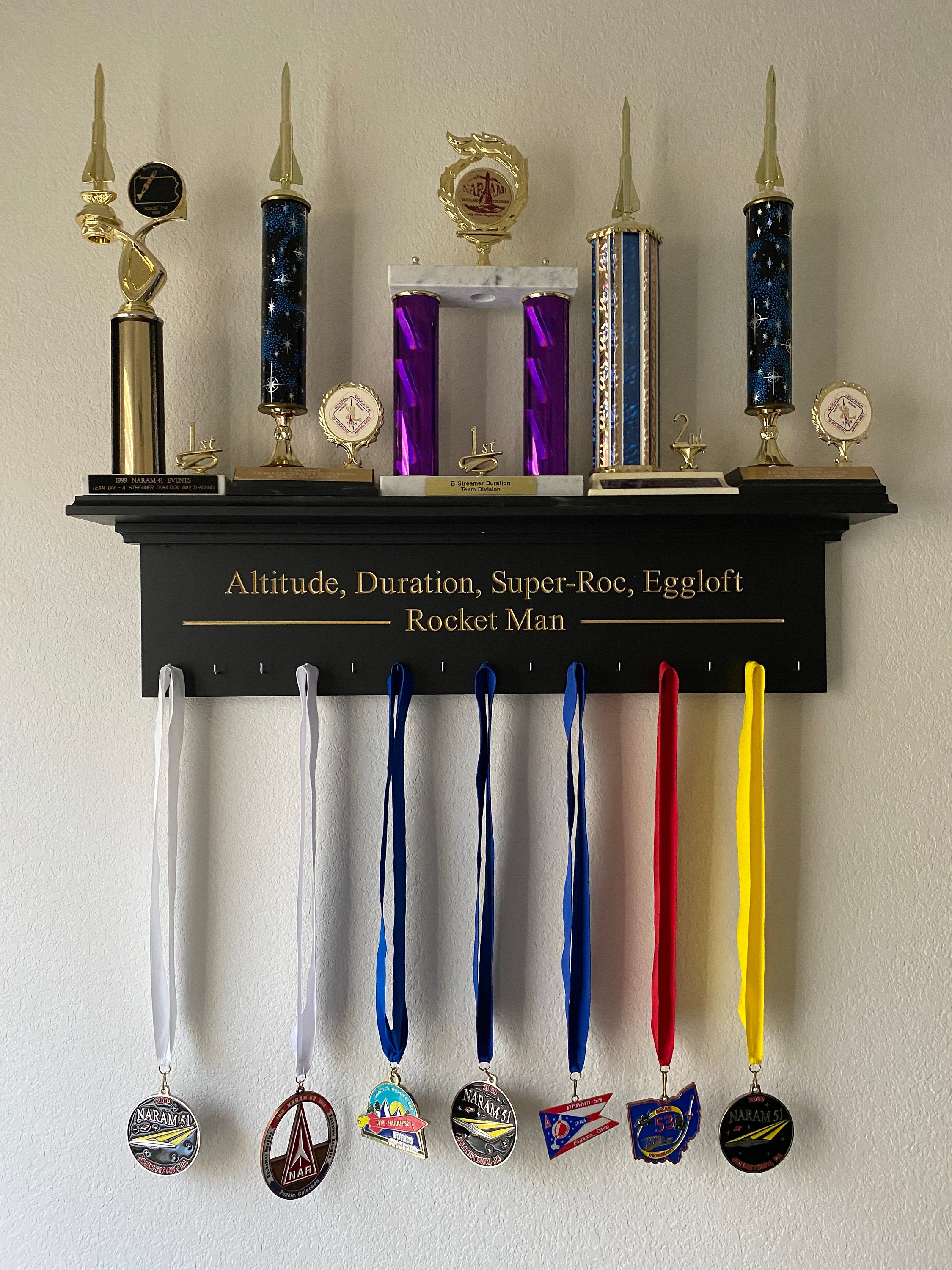Medal Holder Champions Engraved Trophy Shelf Ribbon Holder Medal Hanger Award Display Personalized gift Trophy Rack Sports Award Display 30"